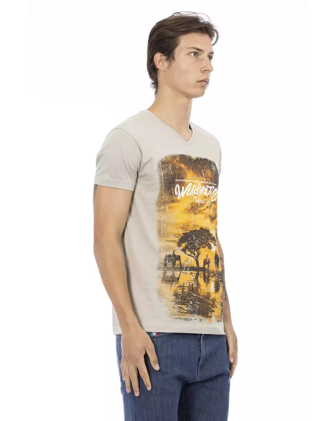 Short Sleeve V-neck T-shirt with Front Print 3XL Men