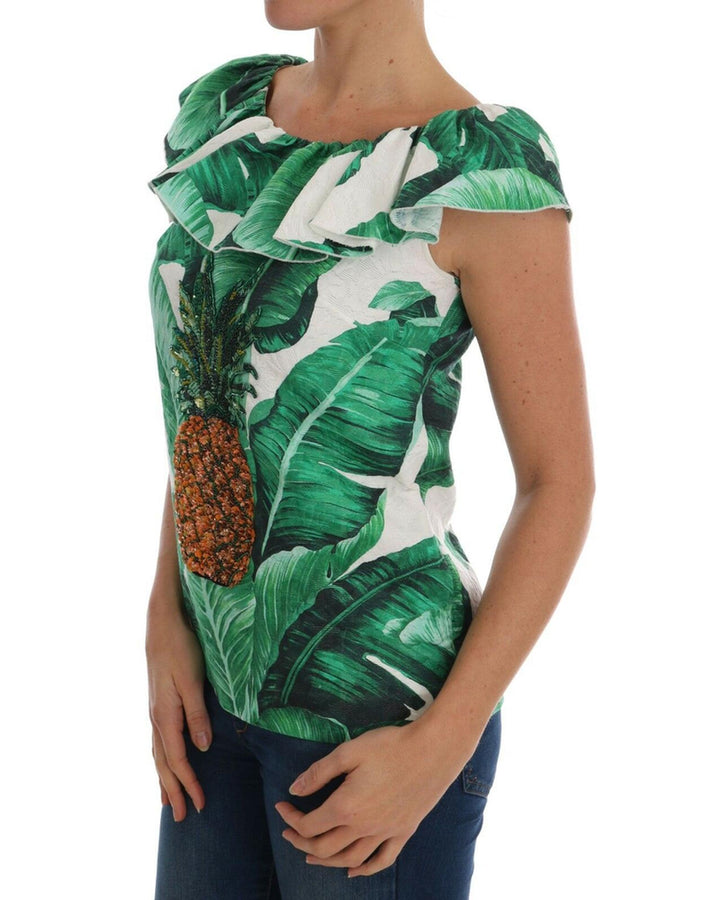 Cap Sleeve Blouse Top with Ruffled Neckline and Sequined Pineapple Embroidery 38 IT Women