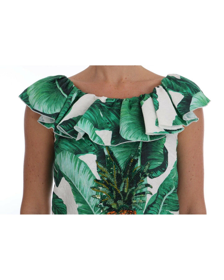 Cap Sleeve Blouse Top with Ruffled Neckline and Sequined Pineapple Embroidery 38 IT Women