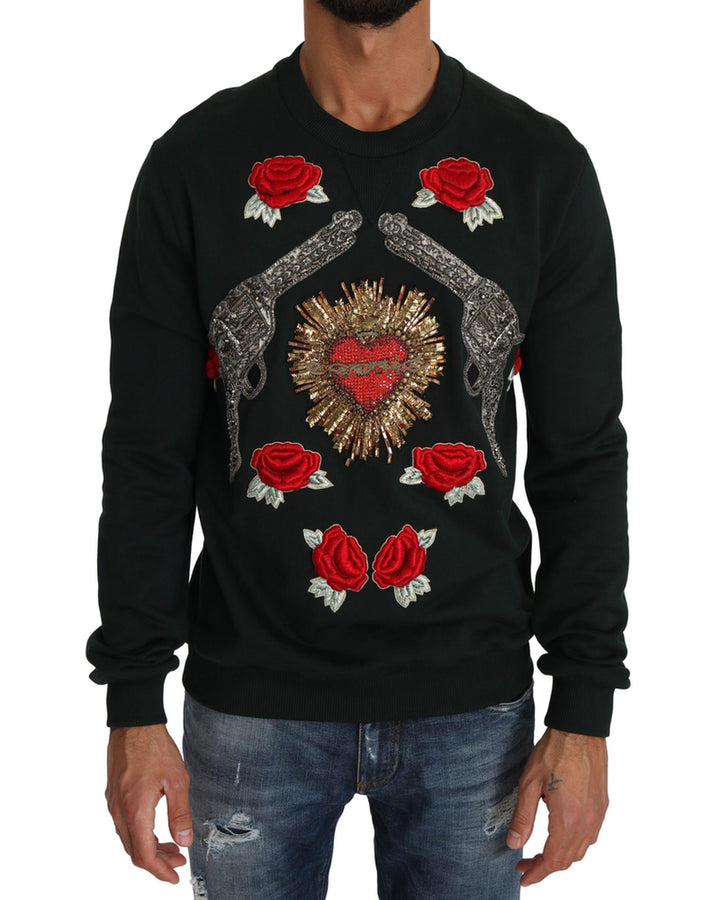 Dolce & Gabbana Green Cotton Crystal Heart Roses Embroidered Pullover Sweater 46 IT Men