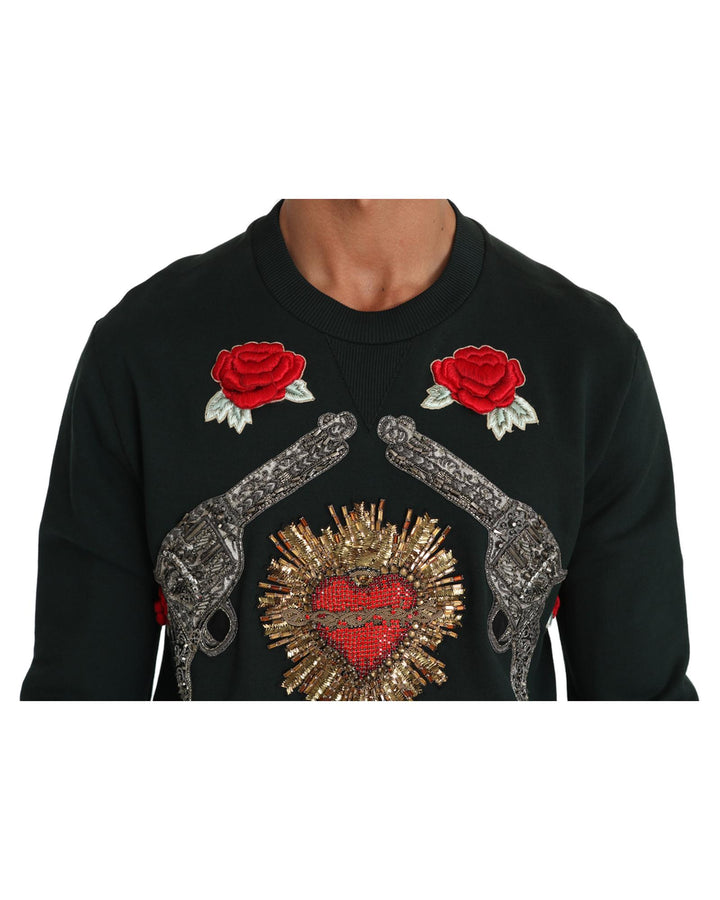 Dolce & Gabbana Green Cotton Crystal Heart Roses Embroidered Pullover Sweater 46 IT Men