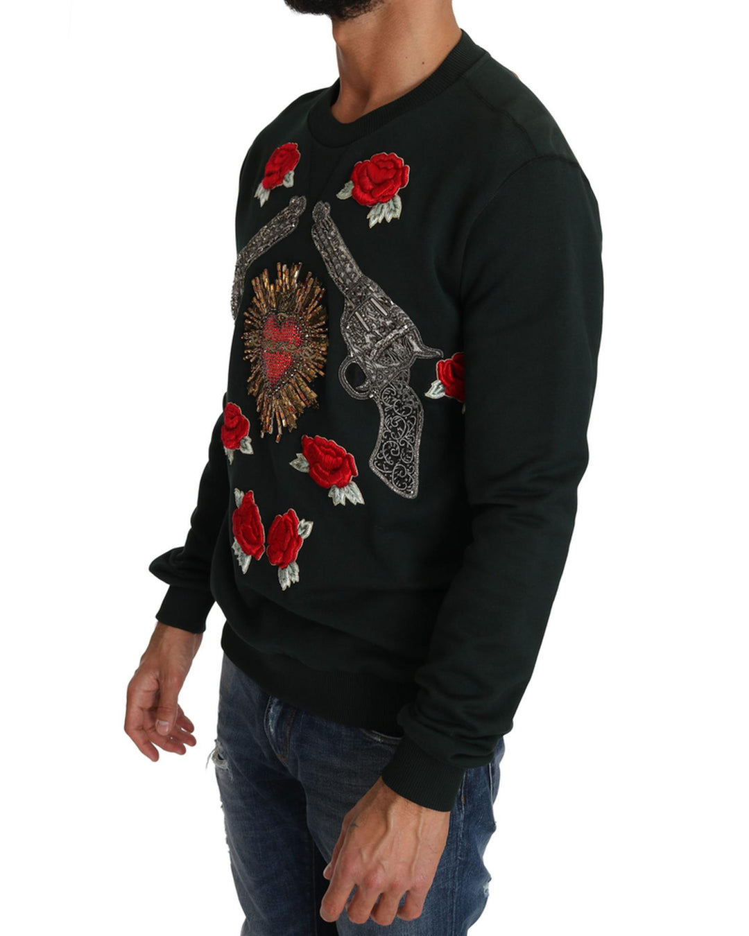 Dolce & Gabbana Green Cotton Crystal Heart Roses Embroidered Pullover Sweater 46 IT Men