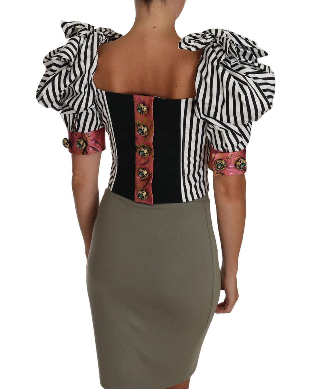 Cropped Top with Puff Sleeves and Crystal Button Embellishment 36 IT Women