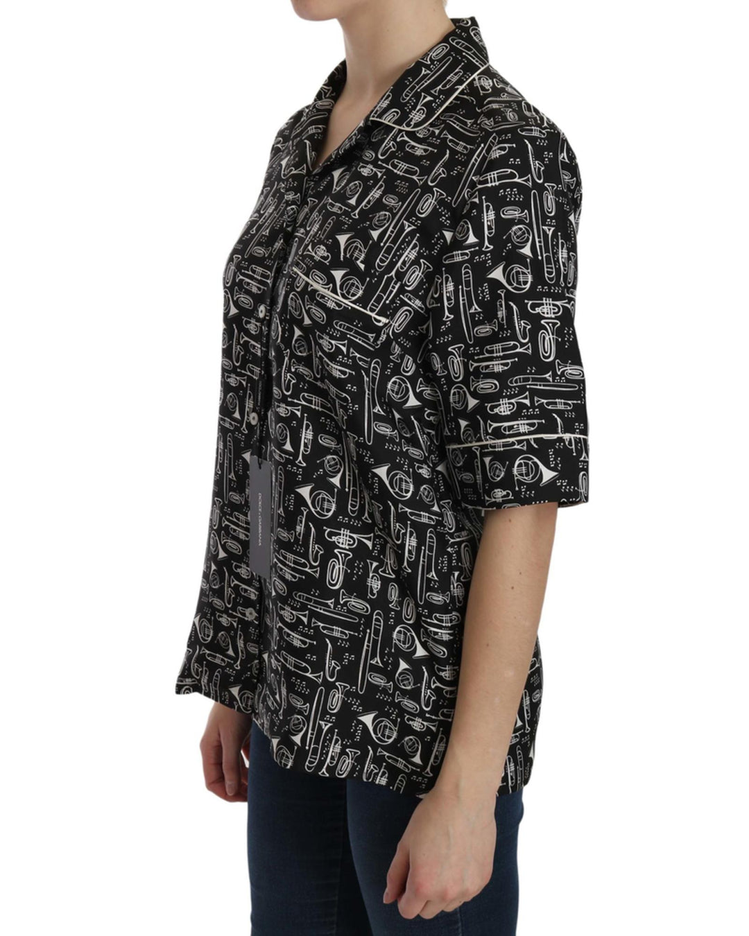 Musical Instrument Print Collared Top 36 IT Women