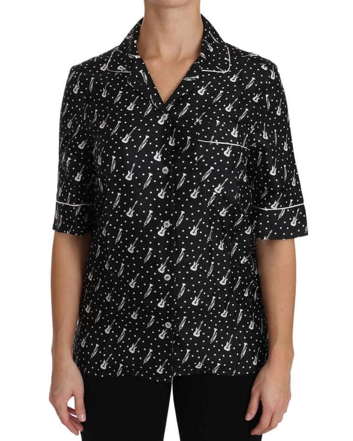 Guitar & Trumpet Print Silk Polo Tops 40 IT Women