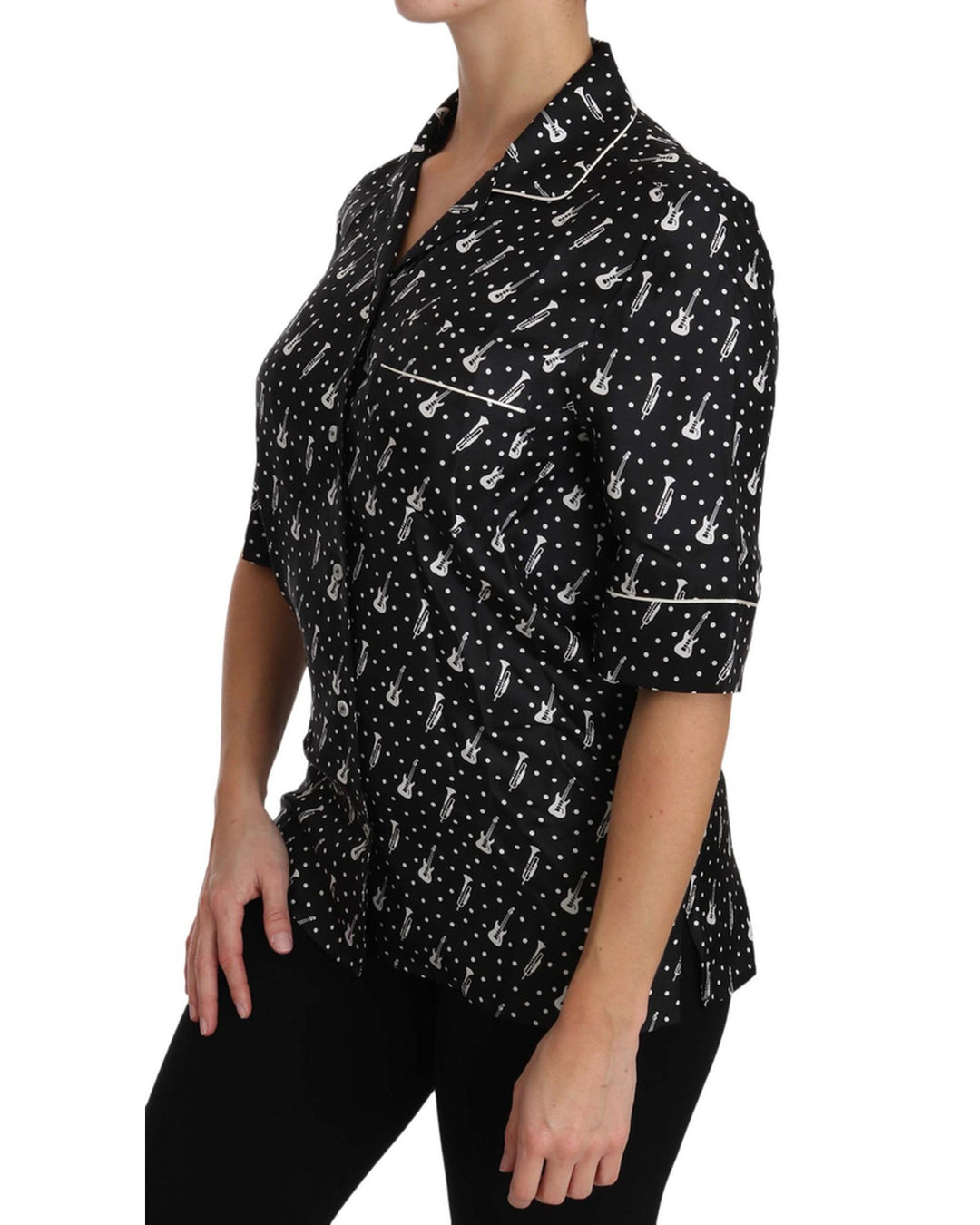 Guitar & Trumpet Print Silk Polo Tops 40 IT Women