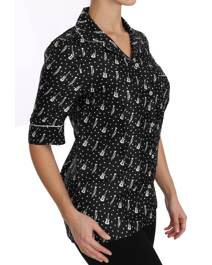 Guitar & Trumpet Print Silk Polo Tops 40 IT Women