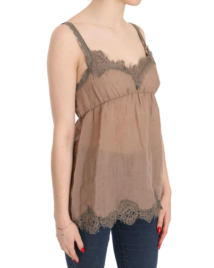 Brown Lace Spaghetti Strap Plunging Top Blouse 44 IT Women