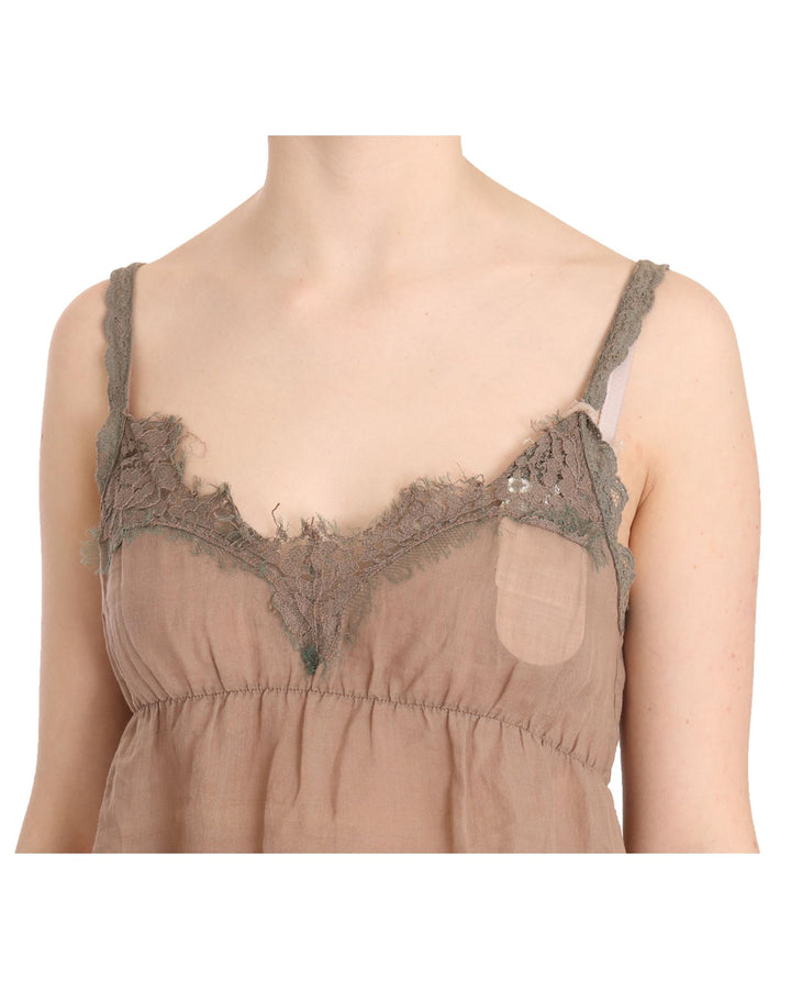 Brown Lace Spaghetti Strap Plunging Top Blouse 44 IT Women