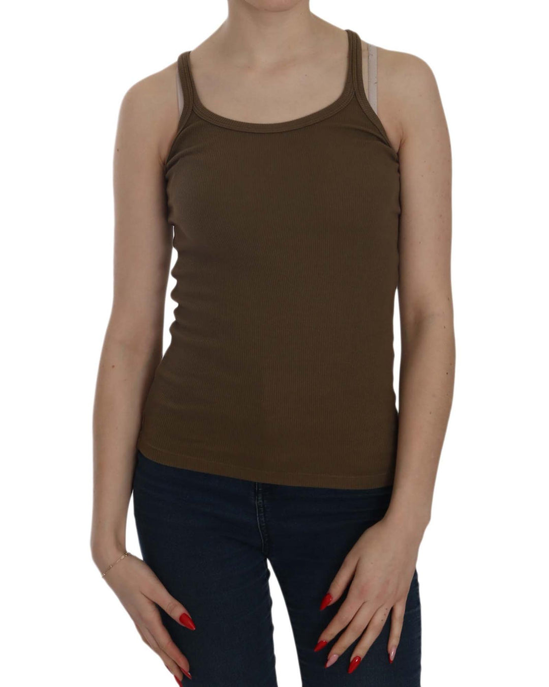 Brown Round Neck Sleeveless Spaghetti Strap Top Blouse 44 IT Women