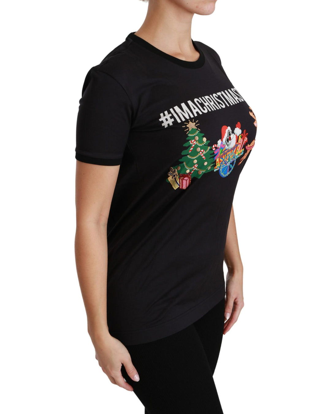 Crewneck Short Sleeve T-shirt with Black #ImAChristmasTree Print 36 IT Women