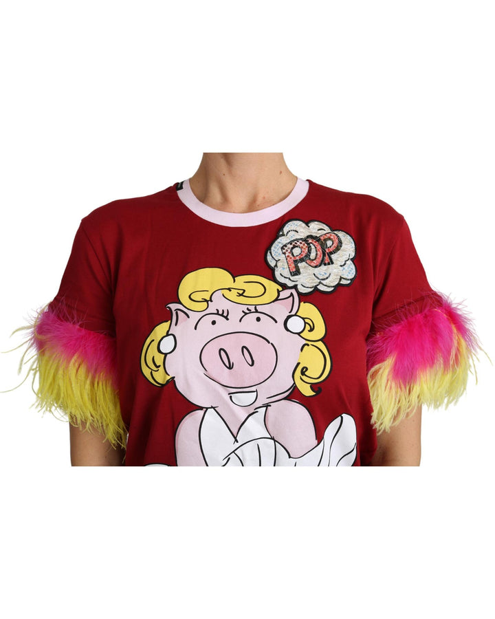 New Dolce & Gabbana Short Sleeves Crew Neck T-shirt with Pig Print Embroidery 36 IT Women