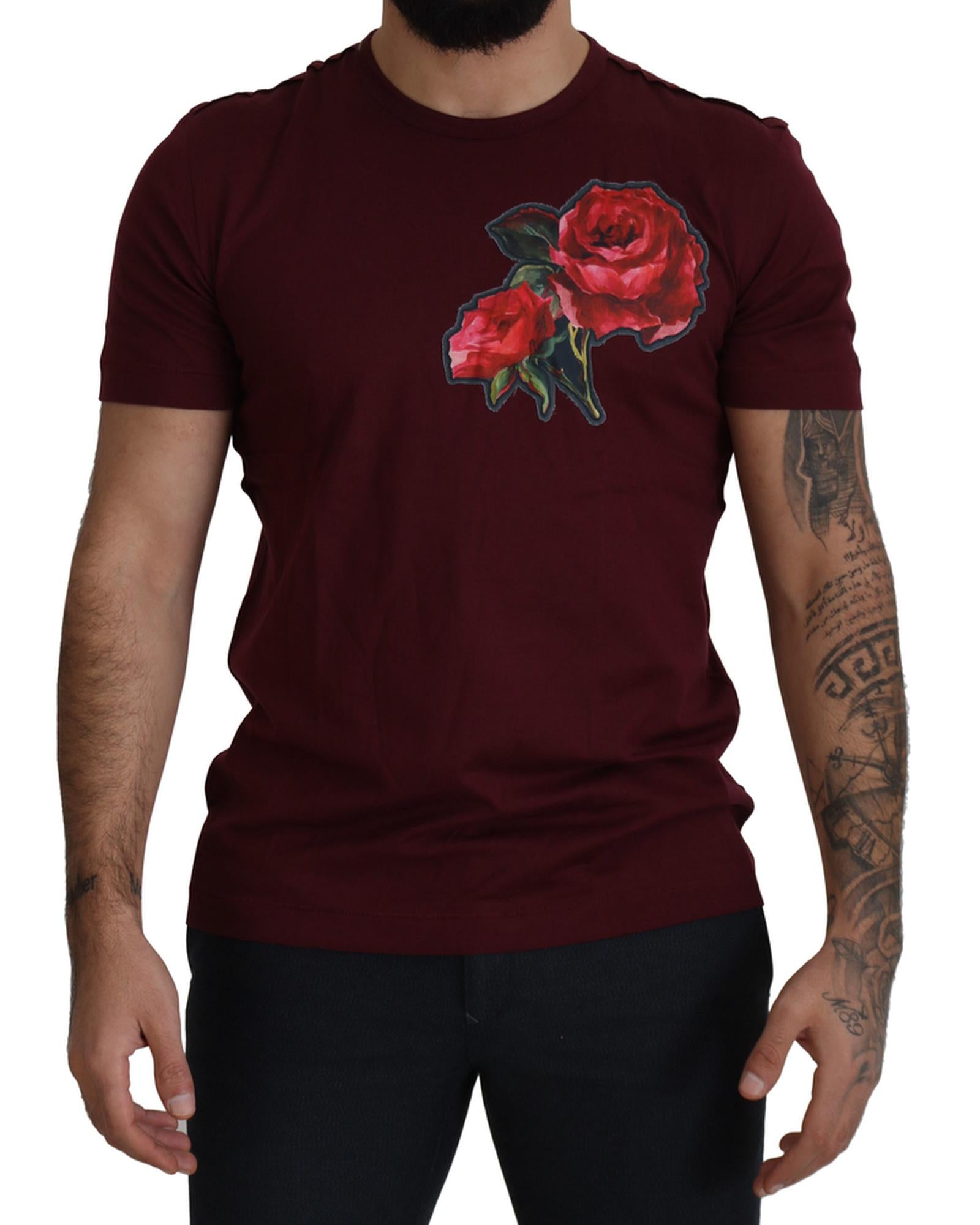 Gorgeous Dolce & Gabbana T-shirt with Bordeaux Roses Motif Print 50 IT Men