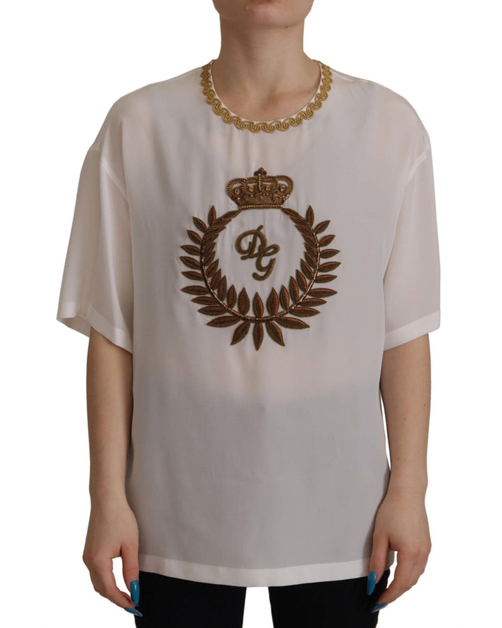 Gorgeous Dolce & Gabbana Silk T-Shirt with Gold DG Crown Logo Embroidery 38 IT Women