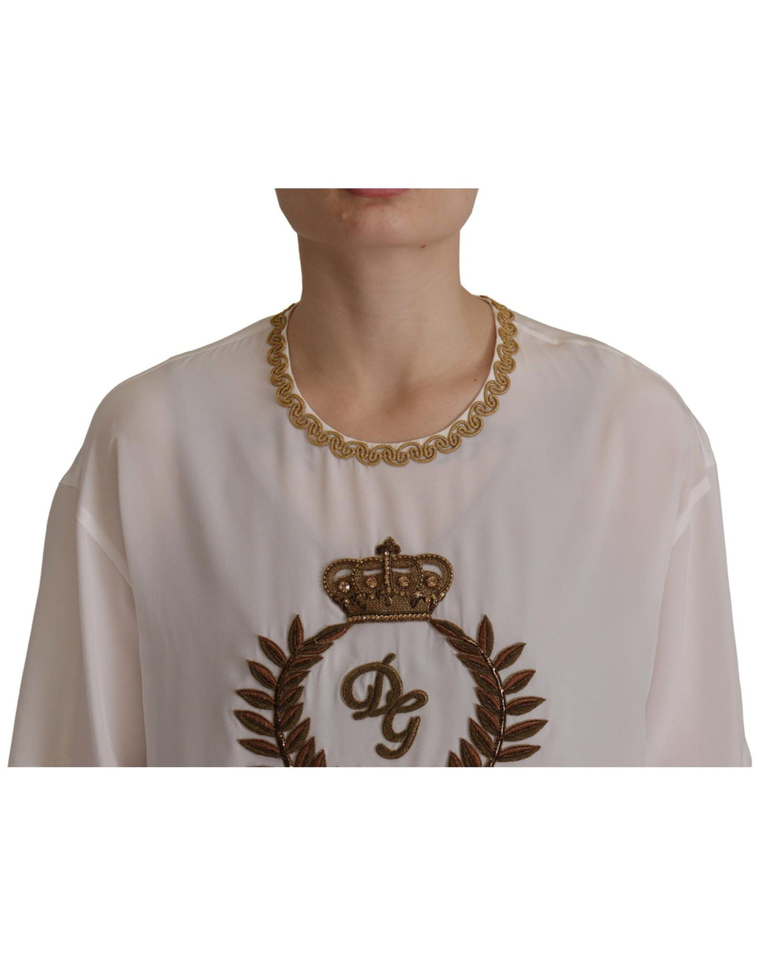 Gorgeous Dolce & Gabbana Silk T-Shirt with Gold DG Crown Logo Embroidery 38 IT Women