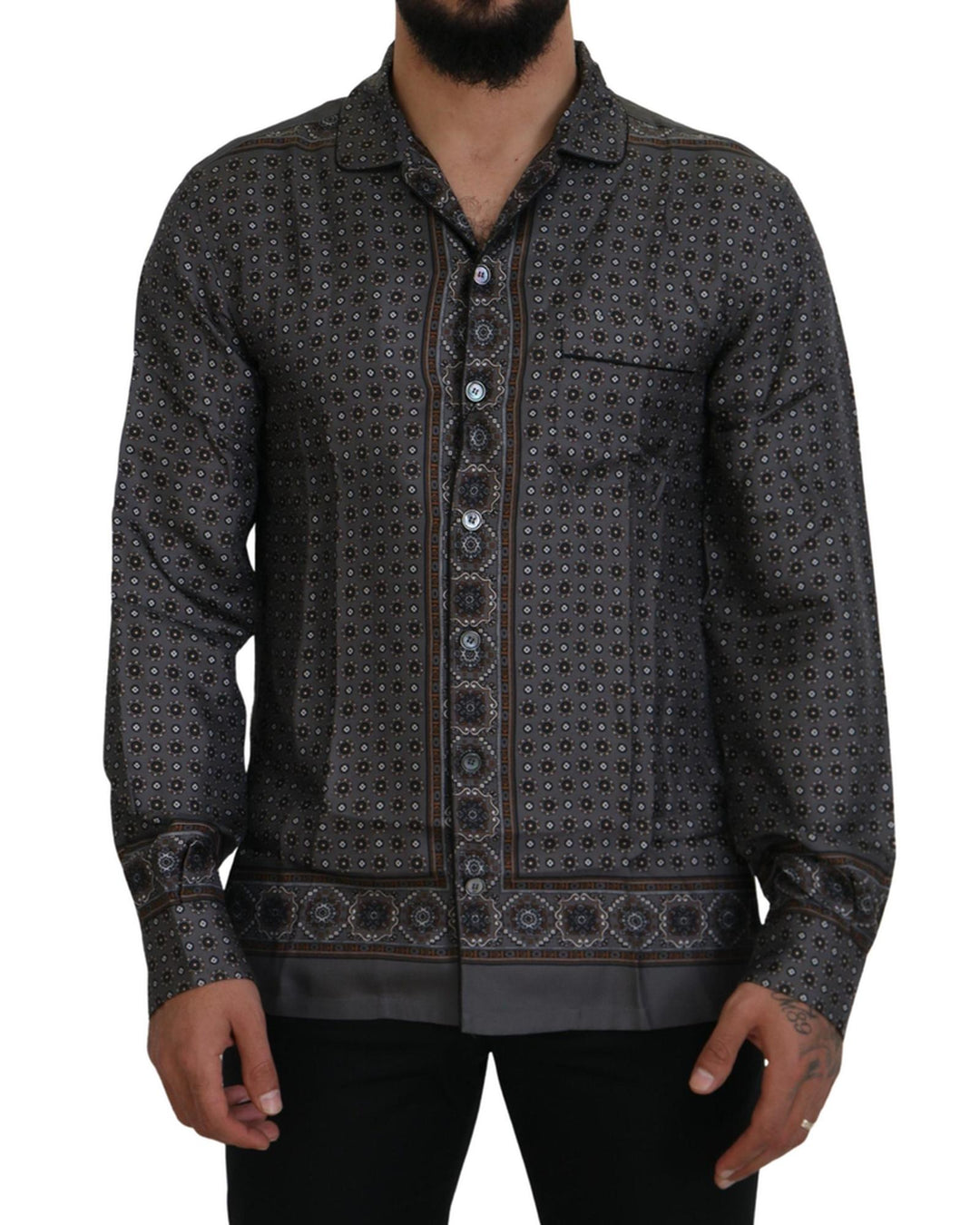 Silk Baroque Pattern Shirt with Logo Detail 38 IT Men