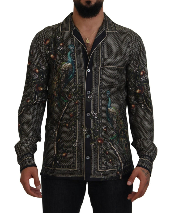 Regular Fit Ostrich Print Silk Shirt with Logo Details S Men