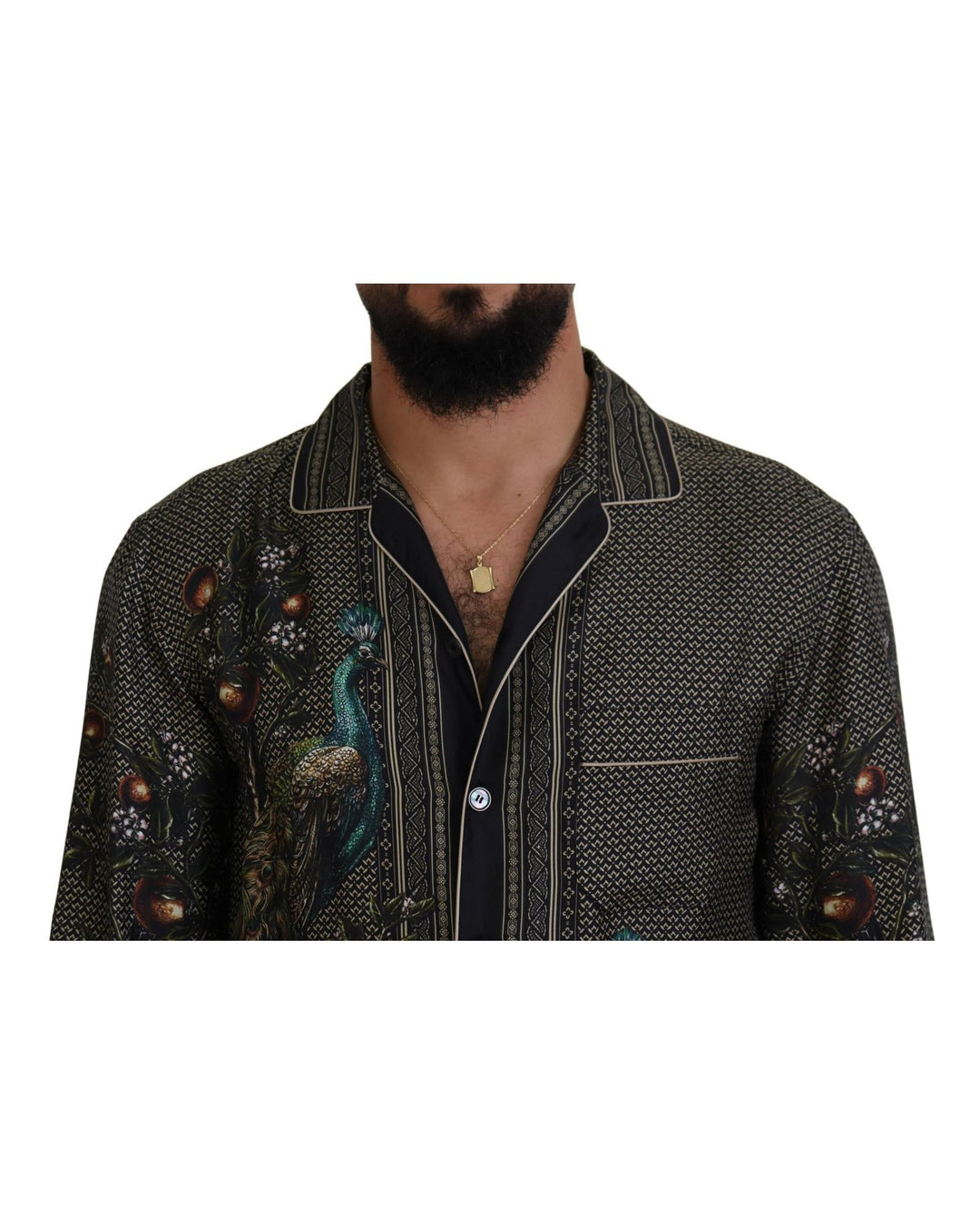 Regular Fit Ostrich Print Silk Shirt with Logo Details S Men