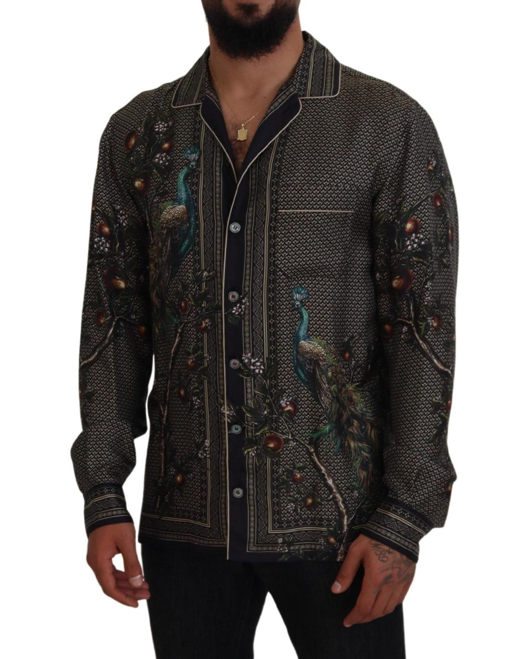 Regular Fit Ostrich Print Silk Shirt with Logo Details S Men