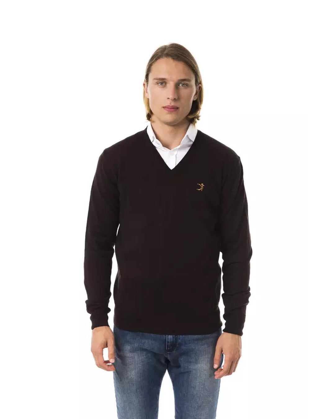 Embroidered V-neck Sweater in Extrafine Wool Merinos S Men