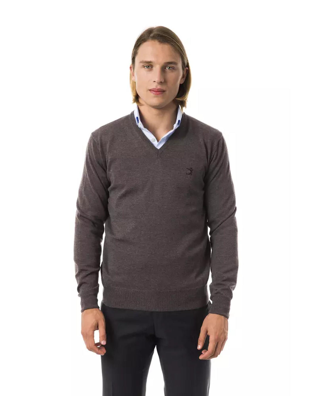 Embroidered V-neck Sweater in Extrafine Merino Wool L Men