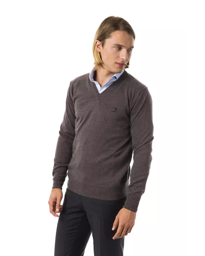 Embroidered V-neck Sweater in Extrafine Merino Wool L Men