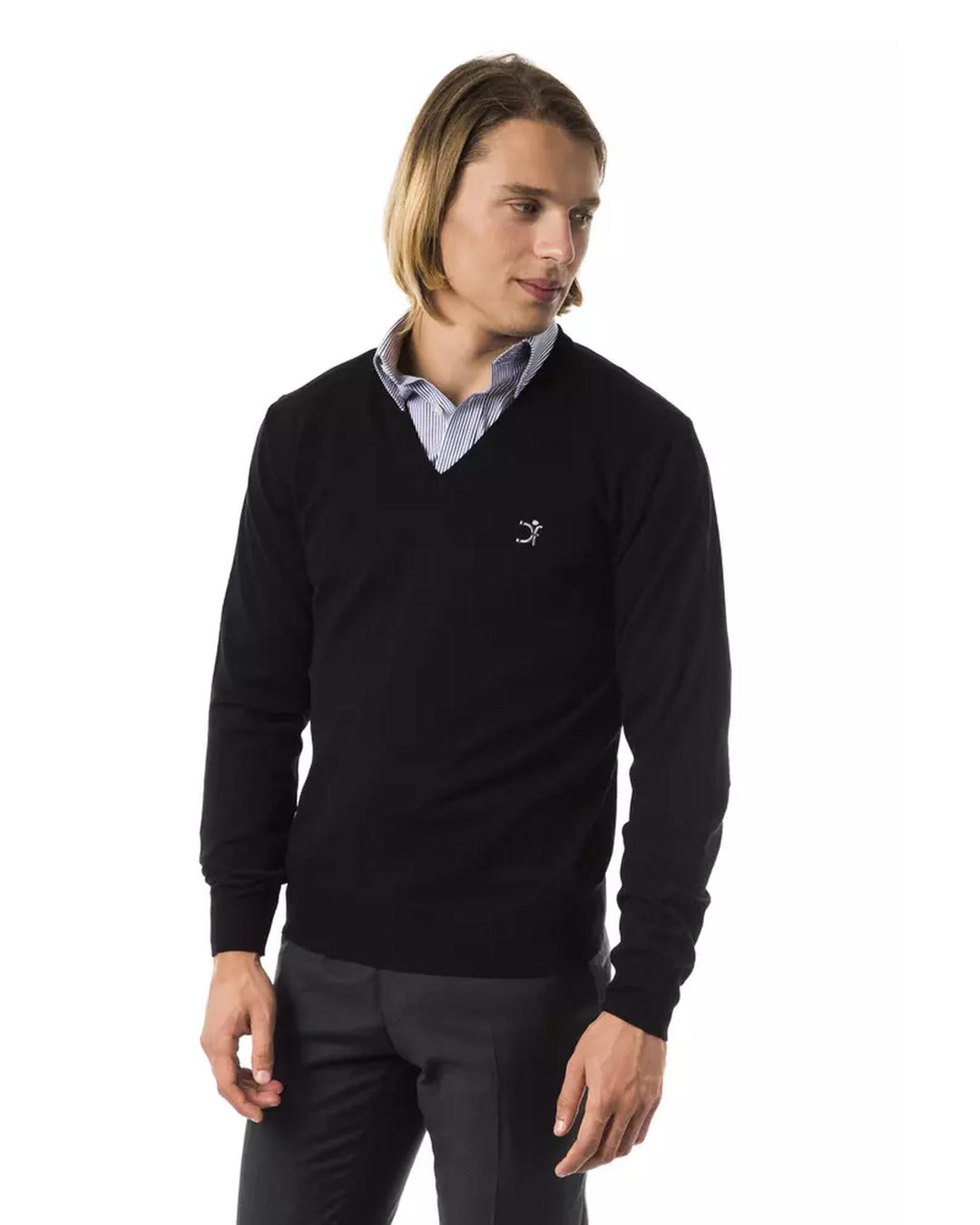 Embroidered V-neck Sweater in Extrafine Wool Merinos XS Men