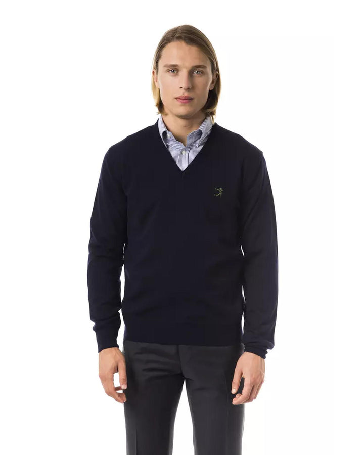 Embroidered V-neck Sweater in Extrafine Merino Wool S Men