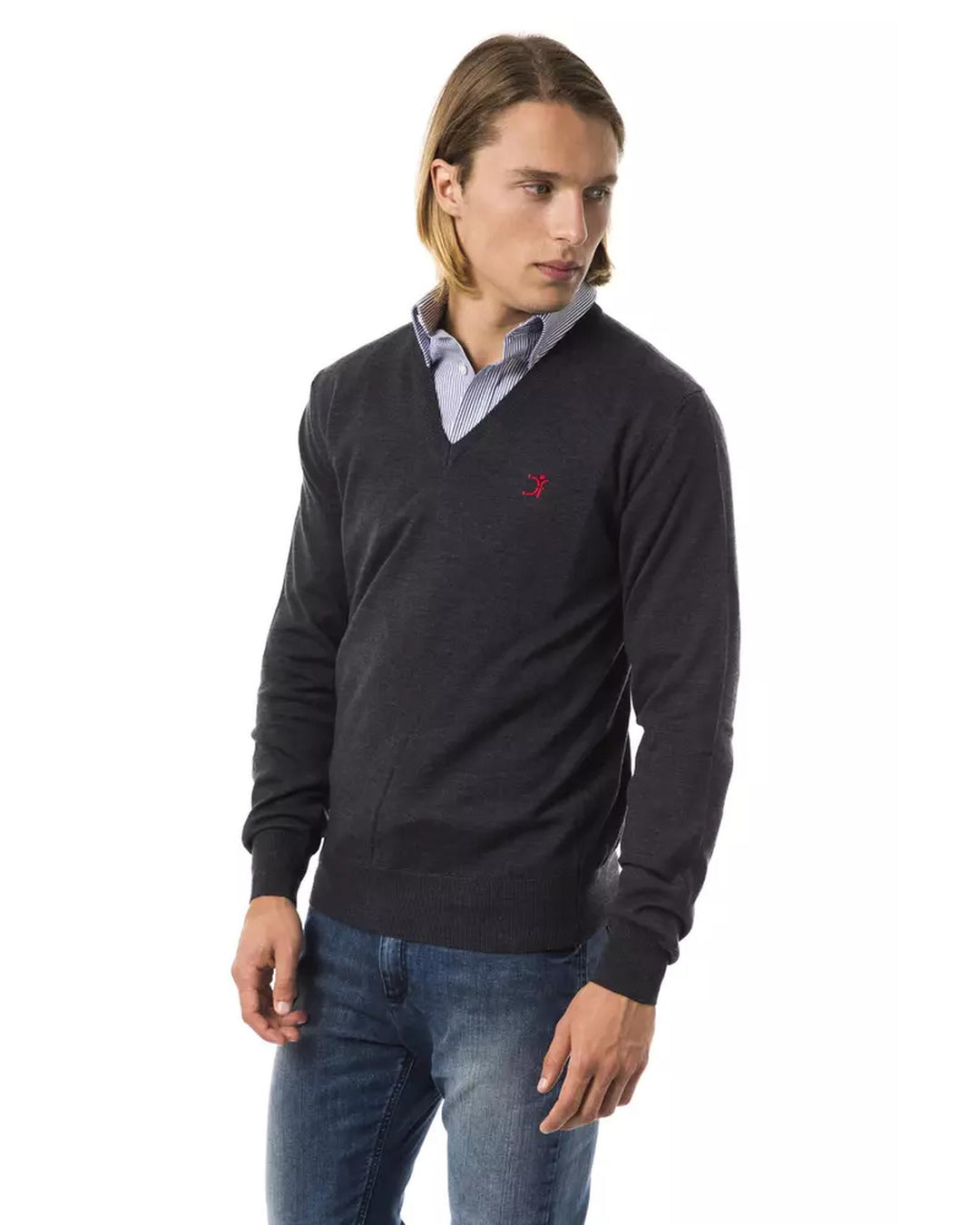 Embroidered V-neck Sweater in Extrafine Wool Merinos Fabric S Men