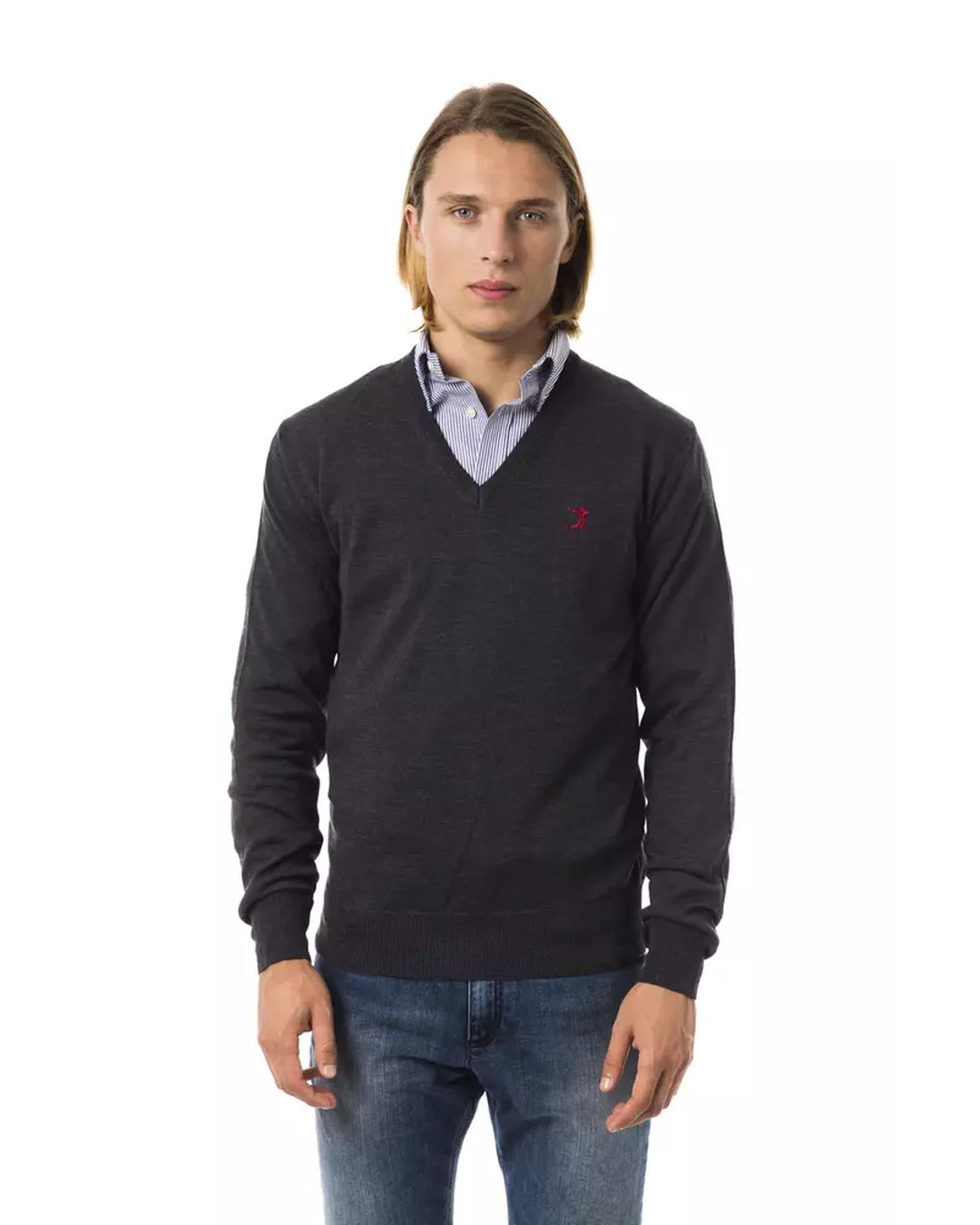 Embroidered V-neck Sweater in Extrafine Wool Merinos Fabric XL Men