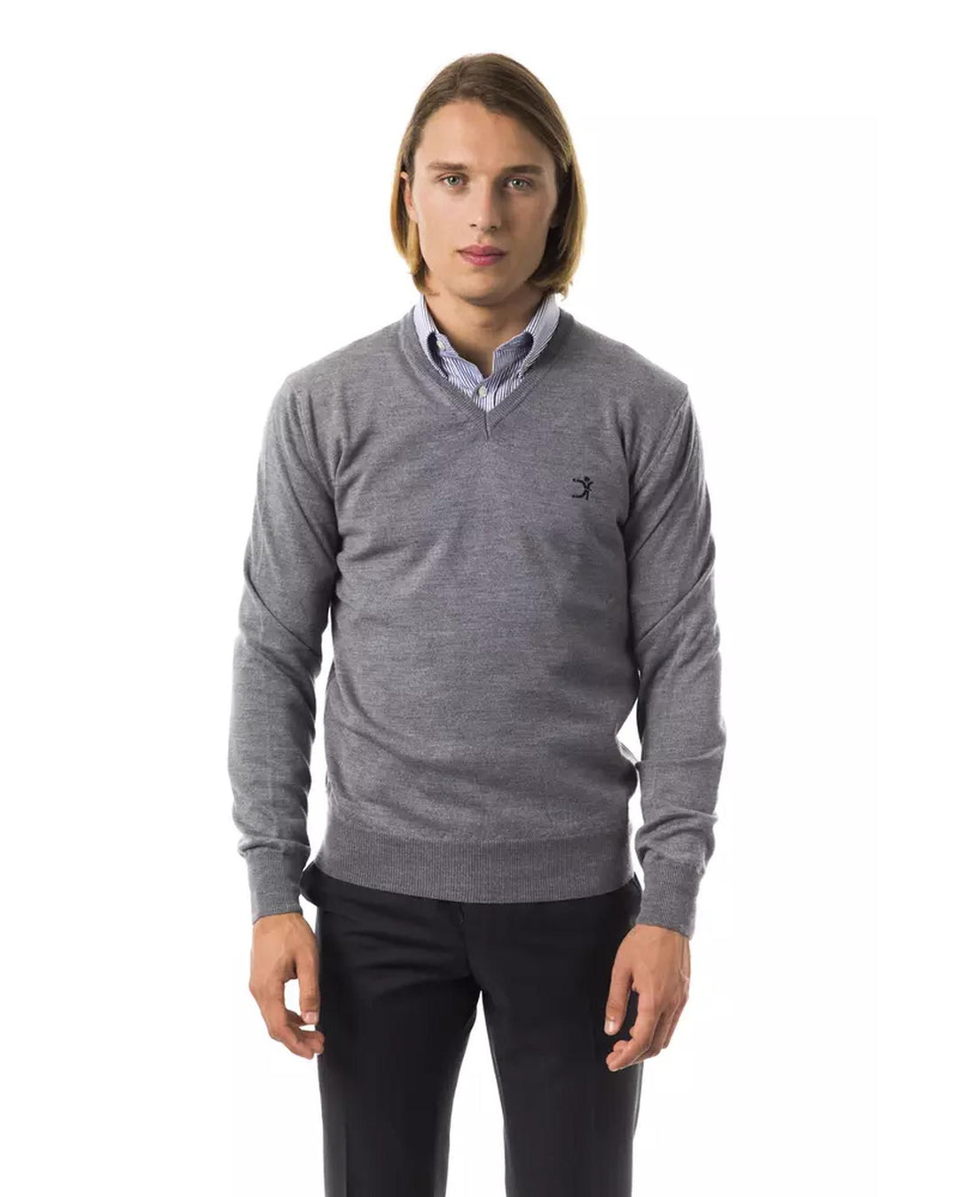 Embroidered V-neck Sweater in Extrafine Wool Merinos S Men