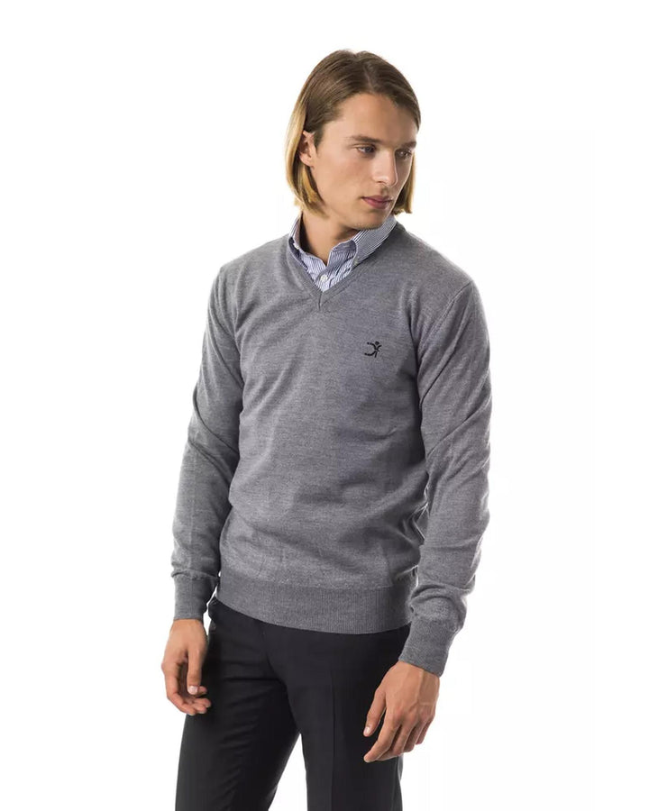 Embroidered V-neck Sweater in Extrafine Wool Merinos S Men