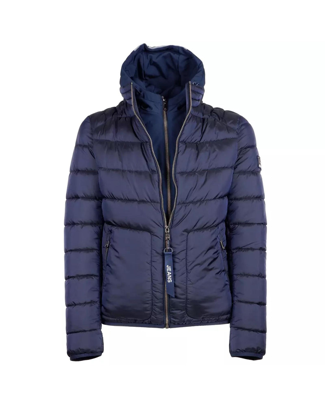 Blue Metallic Hooded Jacket with Zip Closure and Removable Vest L Men