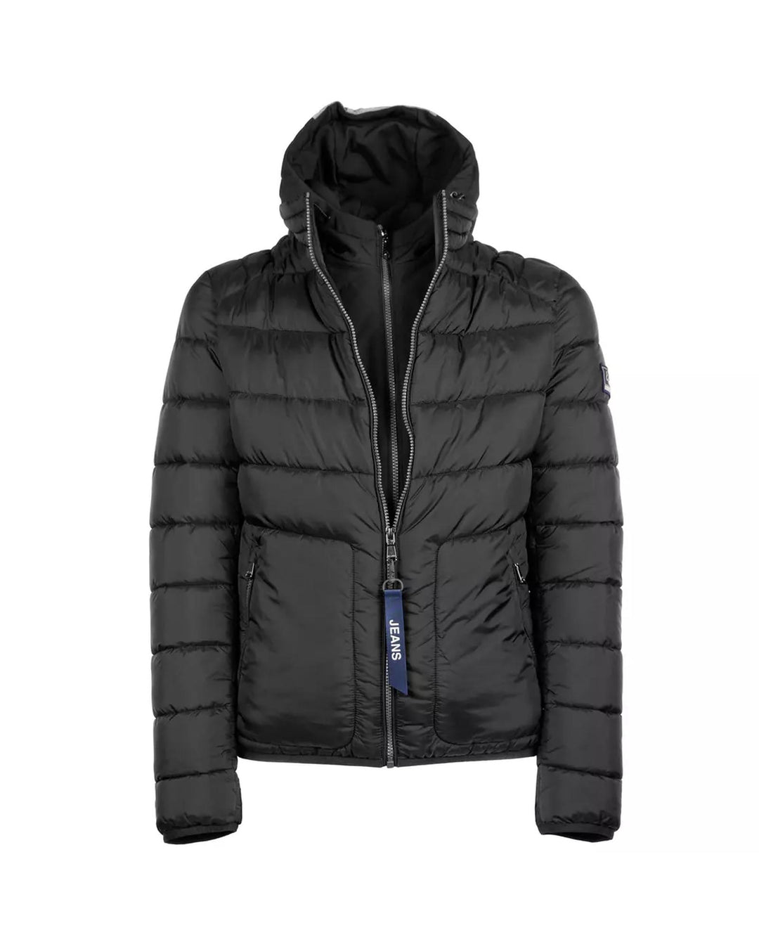 Mens Black Hooded Jacket with Zip Closure and Removable Internal Vest L Men