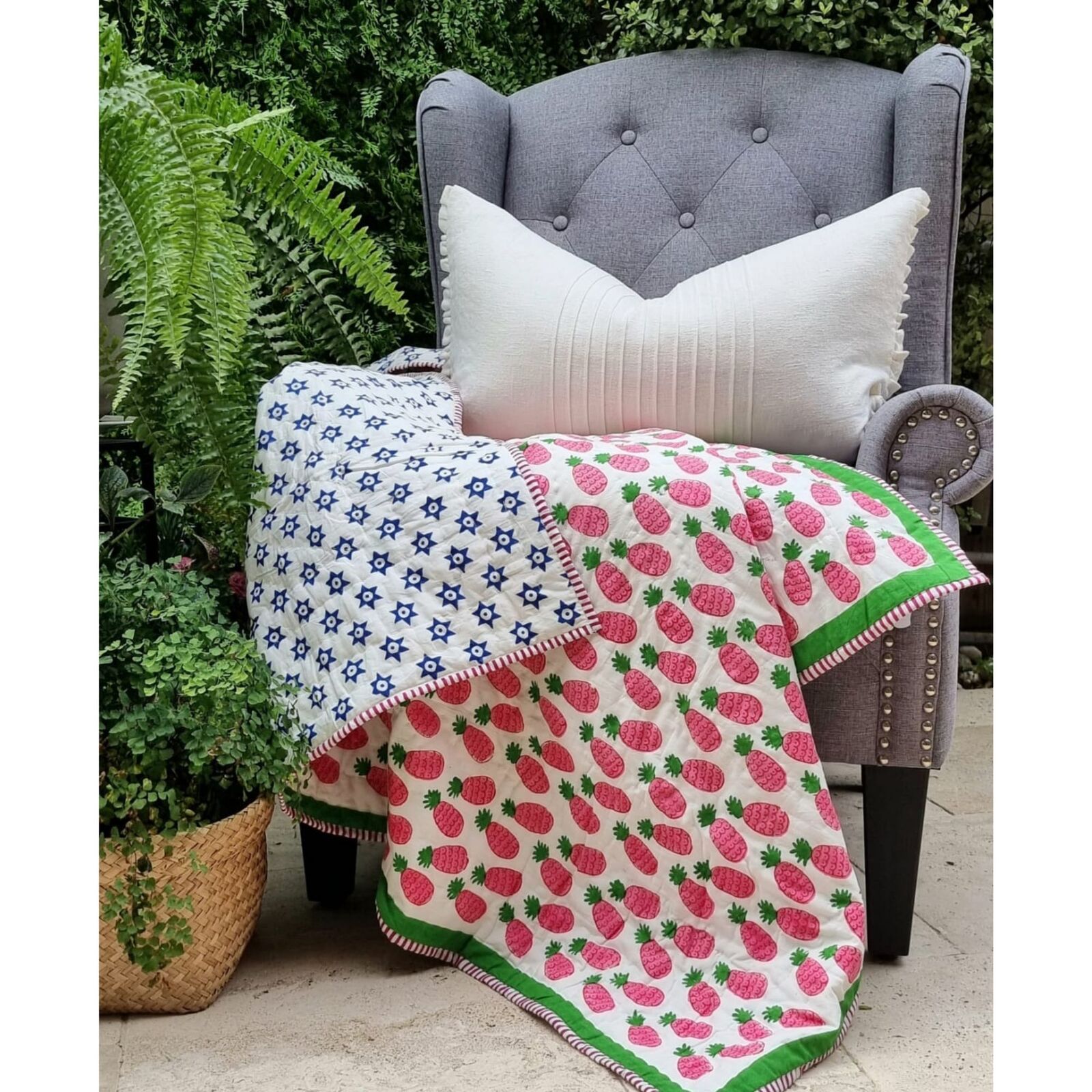 GOTS Certified Organic Cotton Reversible Baby Quilt (100x120cm) - Pink Pineapple