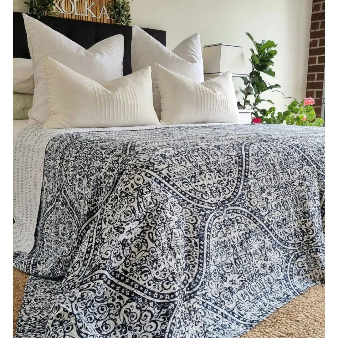 Boho Blue Kantha Bedspread Coverlet - Blue