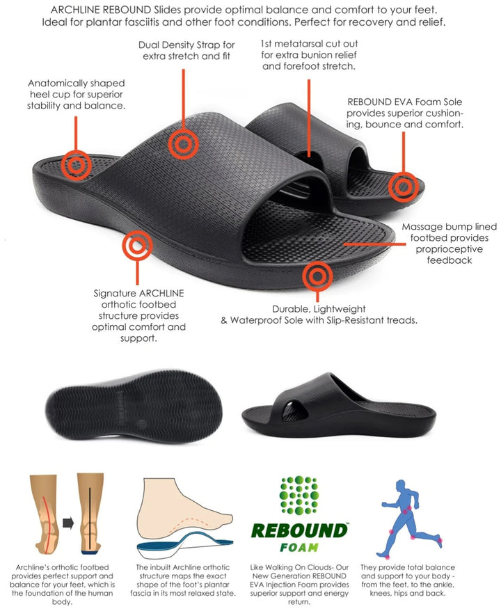 Archline Rebound Orthotic Slides Flip Flop Thongs Slip On Arch Support - Black - Euro 42