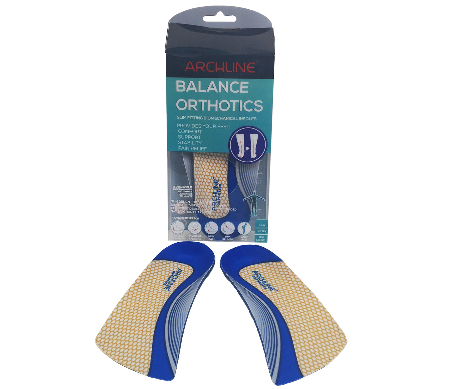 ARCHLINE 3/4 Slim Orthotics Plantar Fasciitis Insoles Balance Support Relief - EUR 44