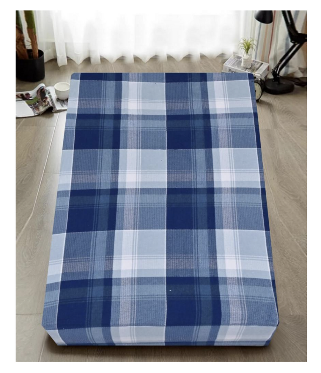 Queen Luxury 100% Cotton Flannelette Fitted Bed Sheet Flannel - Blue Check Print