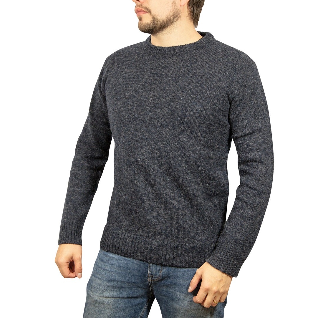 100% SHETLAND WOOL CREW Round Neck Knit JUMPER Pullover Mens Sweater Knitted - Navy (45) - XXL