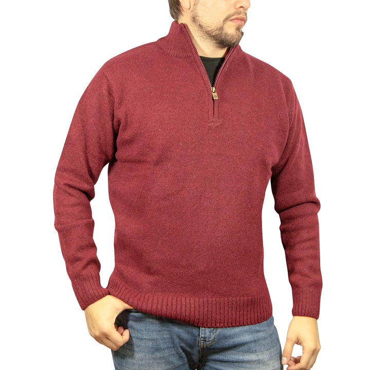 100% SHETLAND WOOL Half Zip Up Knit JUMPER Pullover Mens Sweater Knitted - Burgundy (97) - M