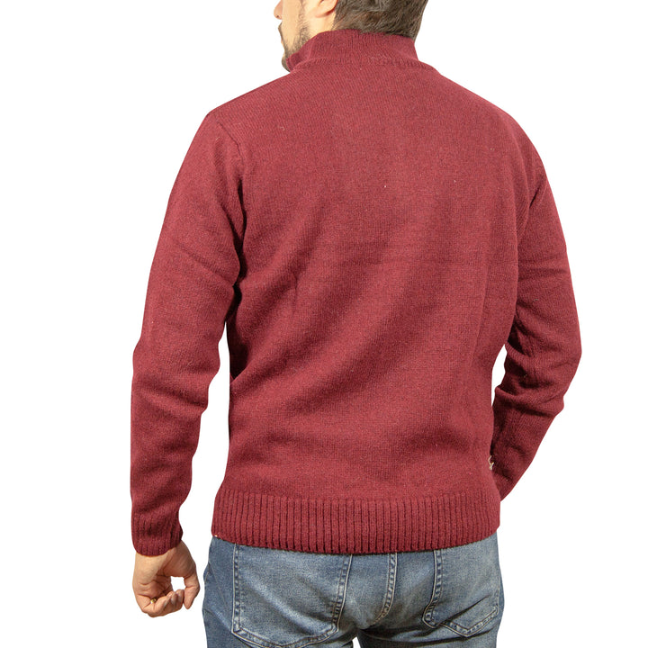 100% SHETLAND WOOL Half Zip Up Knit JUMPER Pullover Mens Sweater Knitted - Burgundy (97) - S