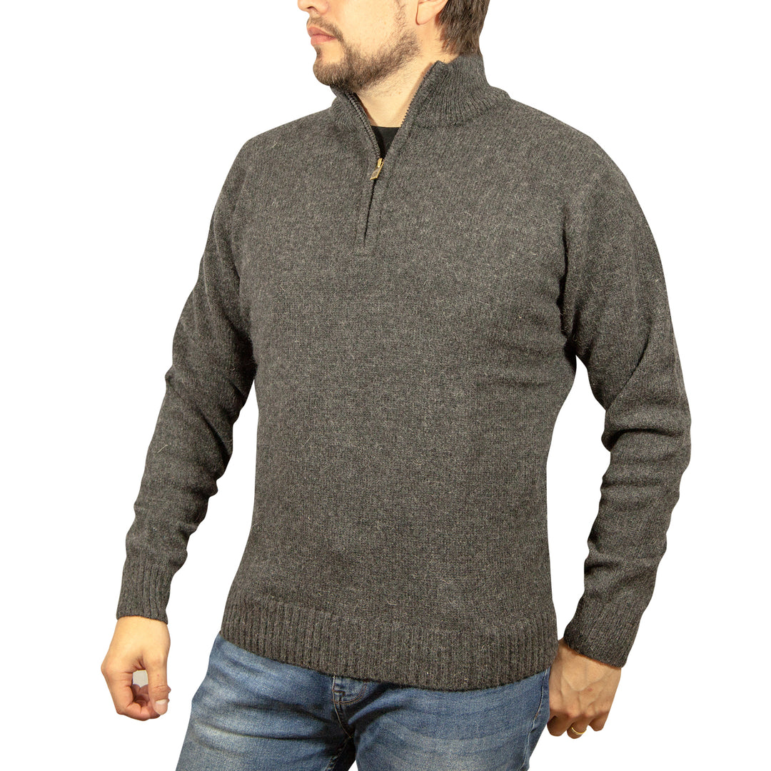 100% SHETLAND WOOL Half Zip Up Knit JUMPER Pullover Mens Sweater Knitted - Charcoal (29) - S