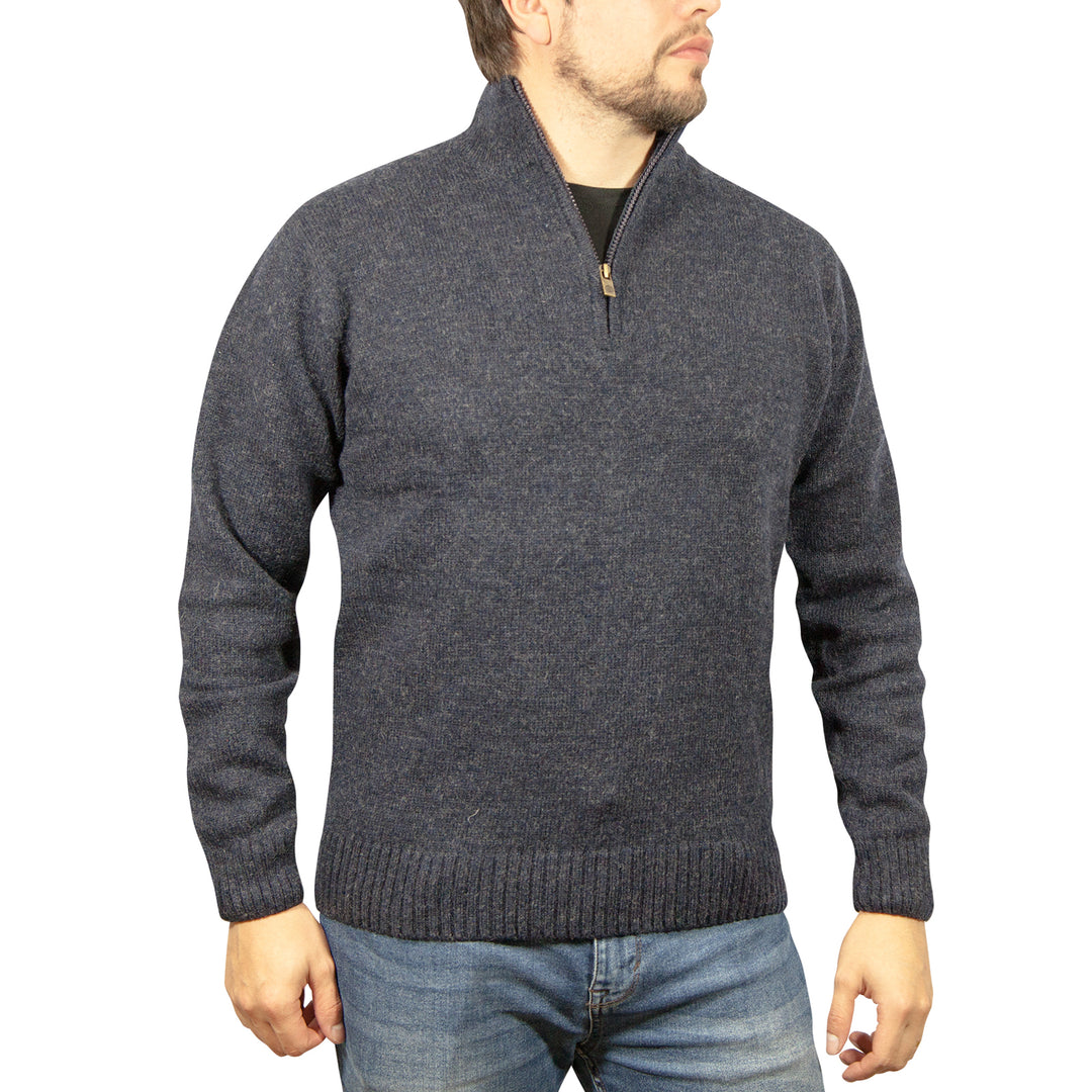 100% SHETLAND WOOL Half Zip Up Knit JUMPER Pullover Mens Sweater Knitted - Denim Blue (45) - 3XL