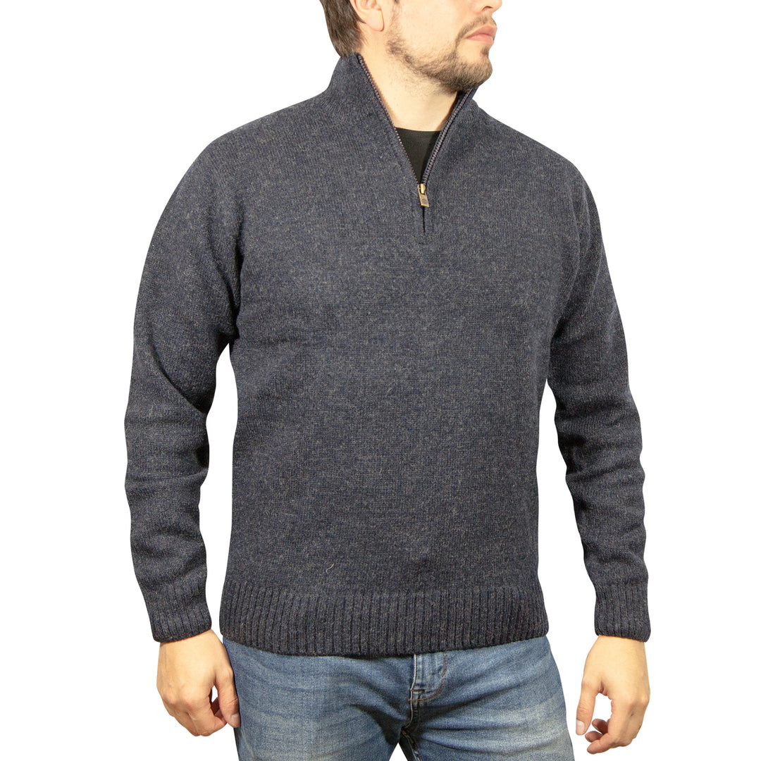 100% SHETLAND WOOL Half Zip Up Knit JUMPER Pullover Mens Sweater Knitted - Denim Blue (45) - XL