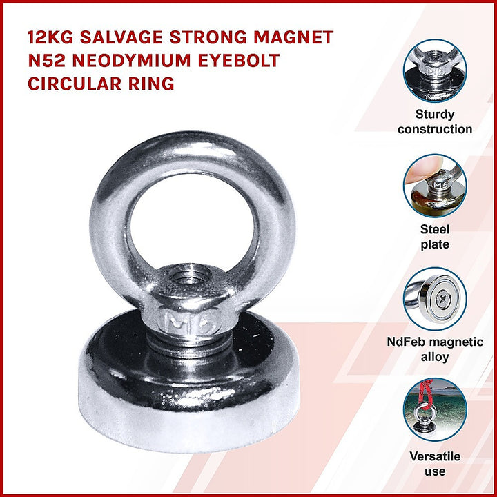 12Kg SALVAGE Strong MAGNET N52 Neodymium Eyebolt Circular Ring