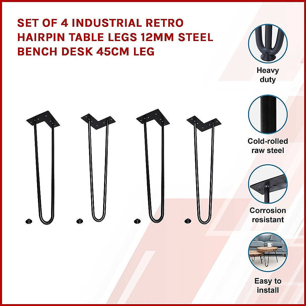 Set of 4 Industrial Retro Hairpin Table Legs 12mm Steel Bench Desk 45cm Leg