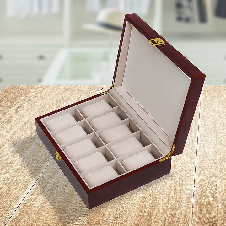 10 Grids Wooden Watch Case Glass Jewellery Storage Holder Box Wood Display