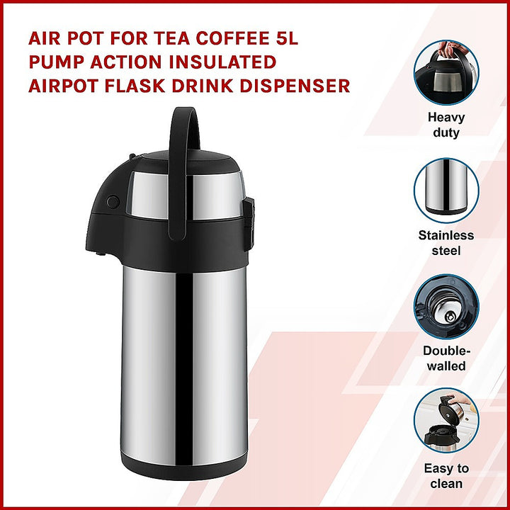 Air Pot for Tea Coffee 5L Pump Action Insulated Airpot Flask Drink Dispenser