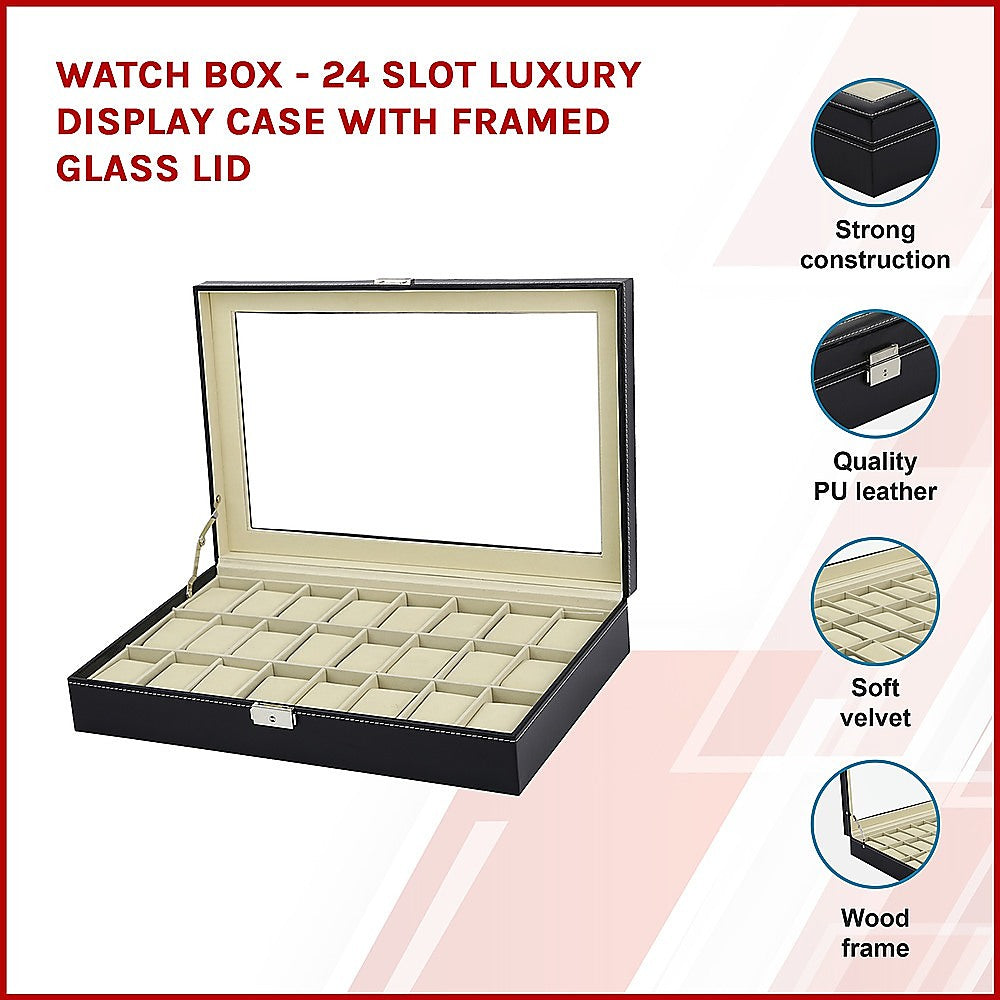 Watch Box - 24 Slot Luxury Display Case With Framed Glass Lid